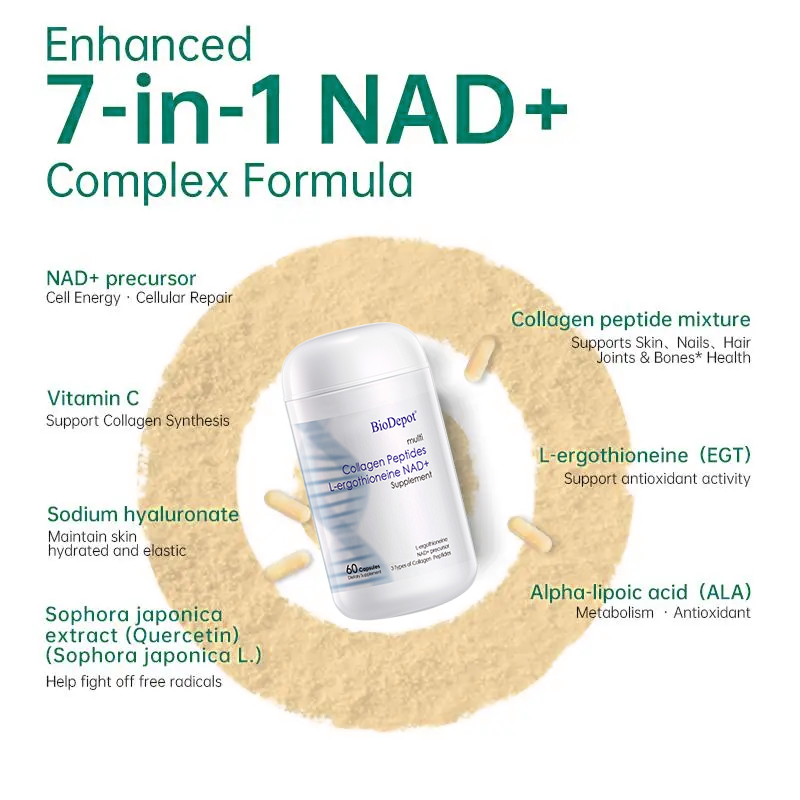 Biodepot NAD+ Supplement 7-in-1 Formula with Collagen L-ergothioneine & Vitamin C