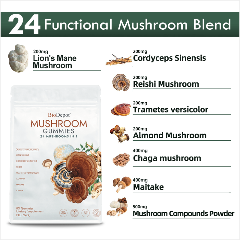 Biodepot 24-in-1 Mushroom Gummies for Immunity & Brain Focus