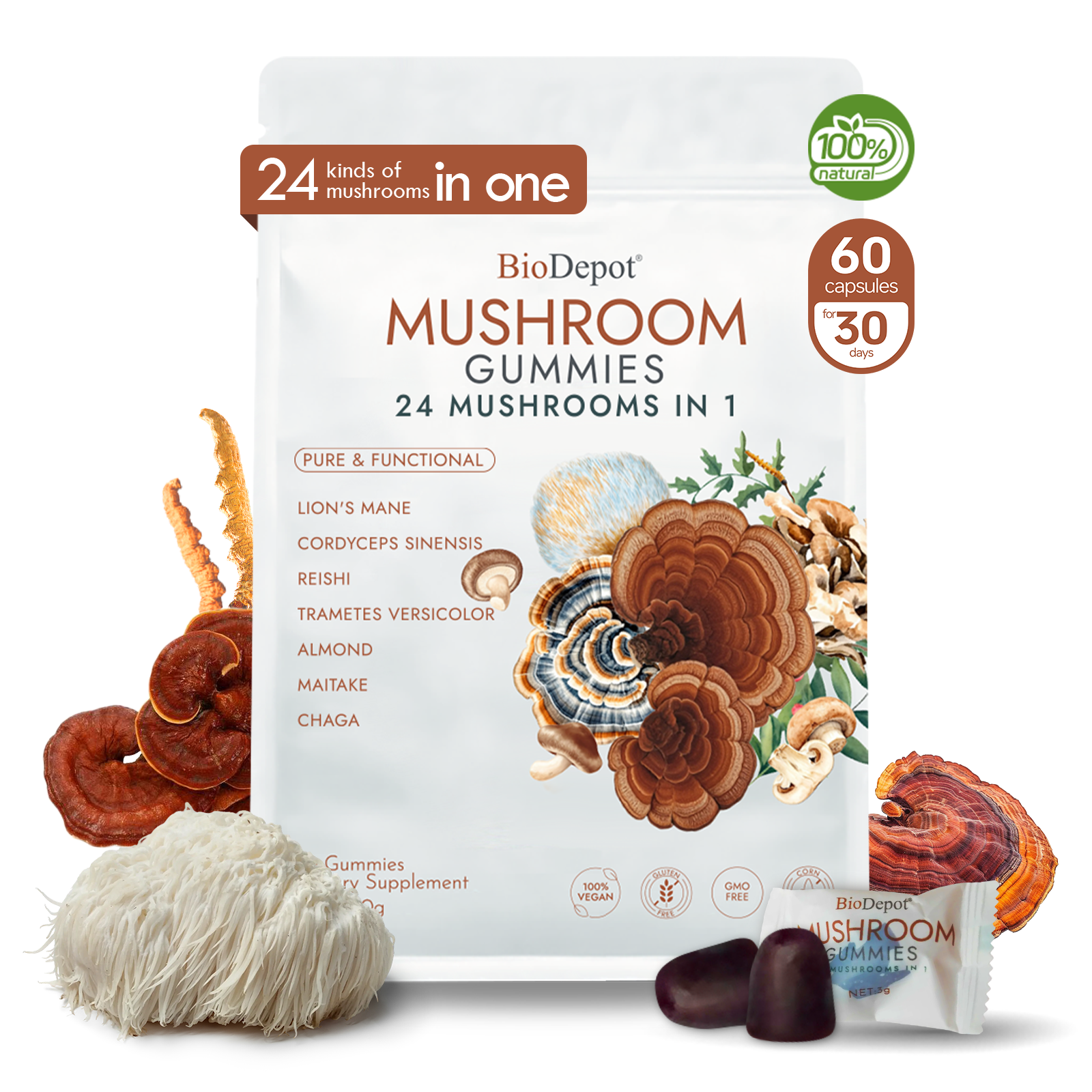 Mushroom Gummies with Mega Lion’s Mane, Cordyceps & Reishi 24 in 1 Supplement Natural Brain Focus, Memory & Energy Support Coffee Alternative for Mental Clarity & Immune System,Relieve Fatigue & Build Emotional Resilience