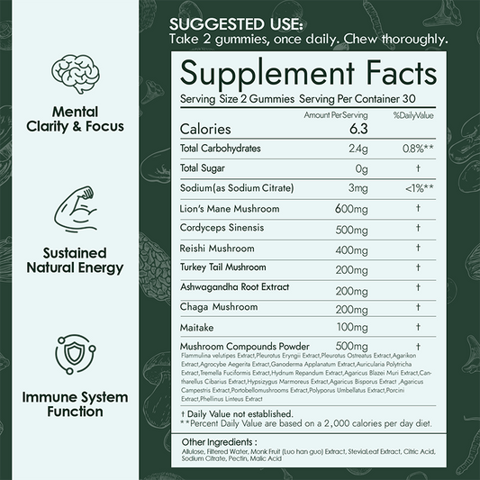 Mushroom Gummies with Lion’s Mane, Cordyceps & Reishi 24 in 1 Supplement Natural Brain Focus, Memory & Energy Support Coffee Alternative for Mental Clarity & Immune System